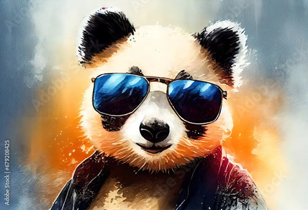 Obraz Baby Panda Looking Adorably in Front. Cool panda with glasses, illustration for social networks or magazine, close-up picture of a panda