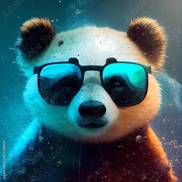 Obraz Baby Panda Looking Adorably in Front. Cool panda with glasses, illustration for social networks or magazine, close-up picture of a panda. A lot of colors