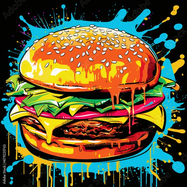 Fototapeta vibrant pop art hamburger executed in rich colors with dripping paint and graffiti elements