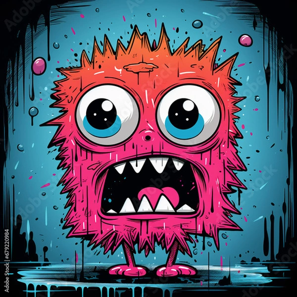 Fototapeta vibrant pop art little funny pink monster executed in rich colors with dripping paint and graffiti elements