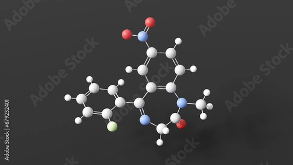 Fototapeta flunitrazepam molecular structure, benzodiazepine, ball and stick 3d model, structural chemical formula with colored atoms