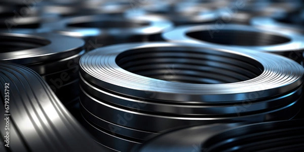 Fototapeta Steel coils rest in tall stacks, spirals of potential that glint in the industrial light