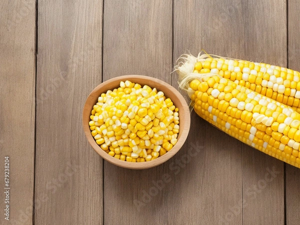 Fototapeta Top view fresh raw corn yellow plant on a dark-light table color green photo