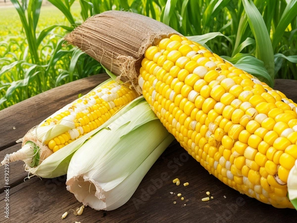 Fototapeta Top view fresh raw corn yellow plant on a dark-light table color green photo