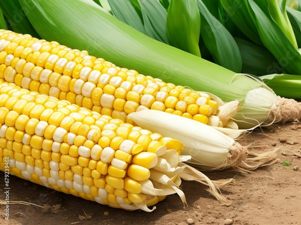 Fototapeta Top view fresh raw corn yellow plant on a dark-light table color green photo