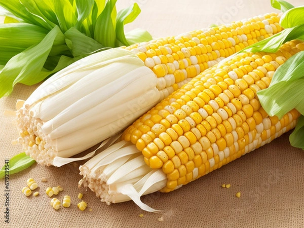 Fototapeta Top view fresh raw corn yellow plant on a dark-light table color green photo