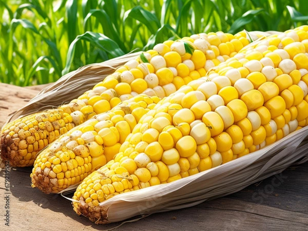 Fototapeta Top view fresh raw corn yellow plant on a dark-light table color green photo