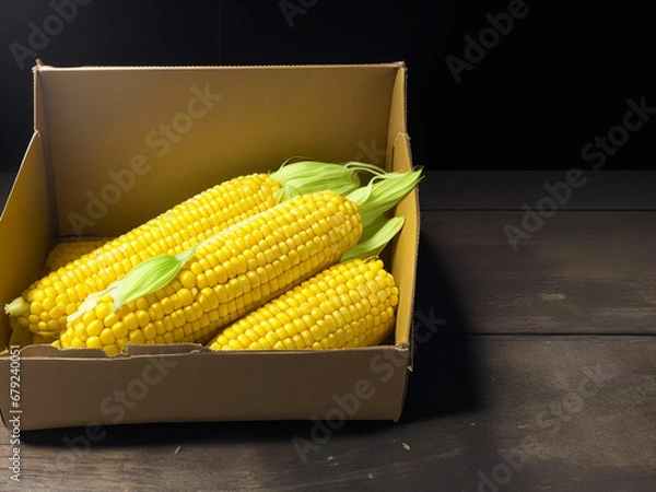 Fototapeta Top view fresh raw corn yellow plant on a dark-light table color green photo