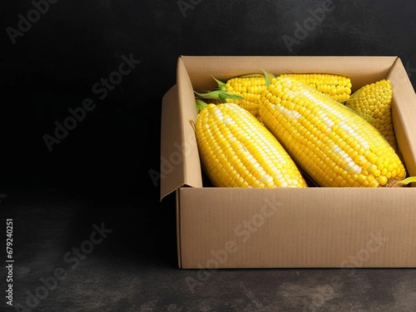 Fototapeta Top view fresh raw corn yellow plant on a dark-light table color green photo