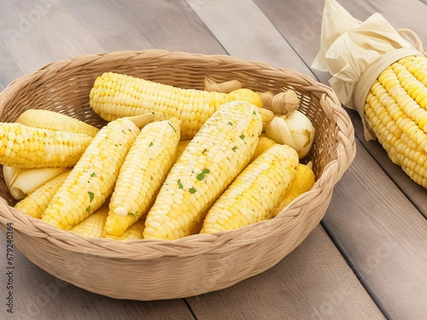 Fototapeta Top view fresh raw corn yellow plant on a dark-light table color green photo