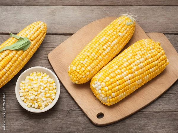 Fototapeta Top view fresh raw corn yellow plant on a dark-light table color green photo