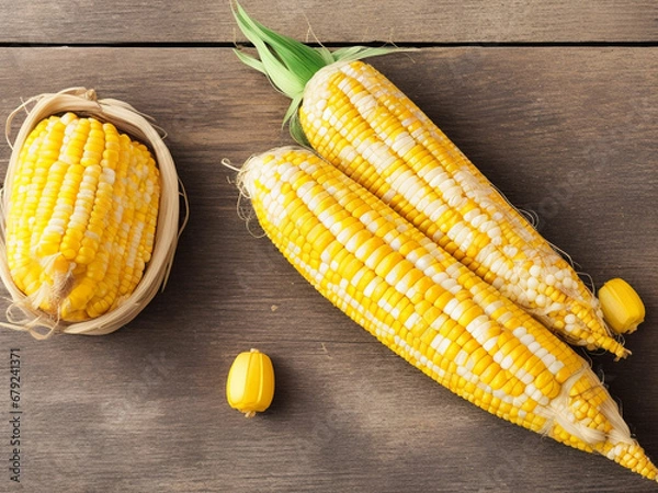 Fototapeta Top view fresh raw corn yellow plant on a dark-light table color green photo