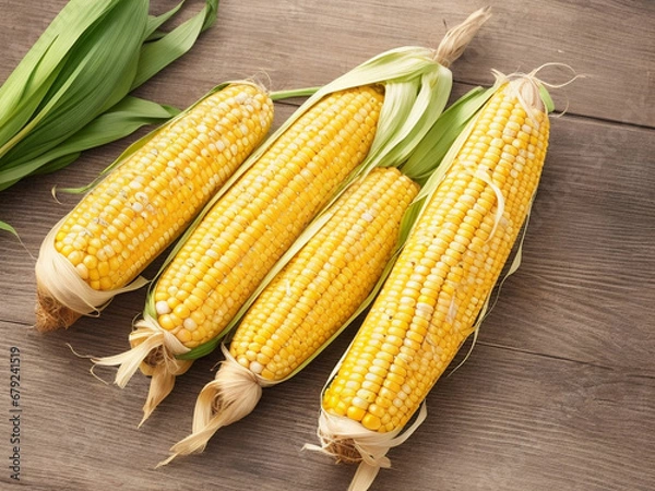 Fototapeta Top view fresh raw corn yellow plant on a dark-light table color green photo