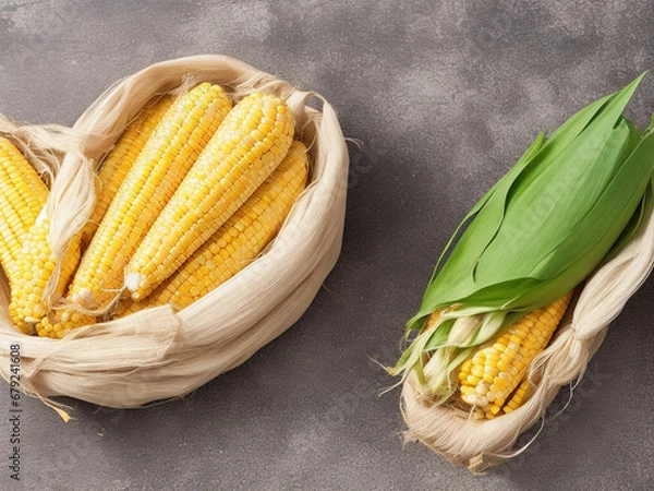 Fototapeta Top view fresh raw corn yellow plant on a dark-light table color green photo