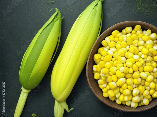 Fototapeta Top view fresh raw corn yellow plant on a dark-light table color green photo