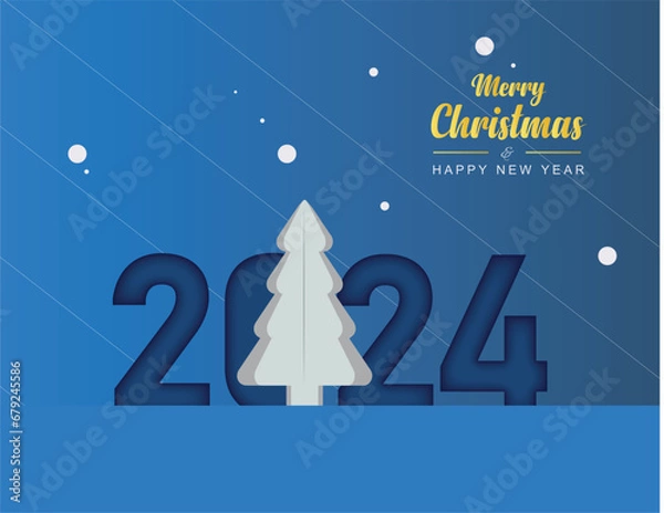 Fototapeta Merry Christmas greetings vector design with Christmas tree and Happy New Year 2024