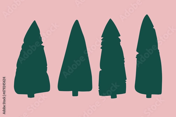 Fototapeta A set of four vector dark green monochrome fir trees. Isolated vector elements on a pink background. Stylized decorative silhouettes of coniferous trees, elements of architectural surroundings.