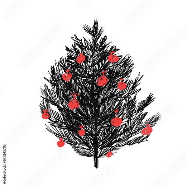 Fototapeta A spruce tree with red Christmas balls drawn in hand-drawn black pen lines. Isolated vector element on a white background. Design element of postcards, prints