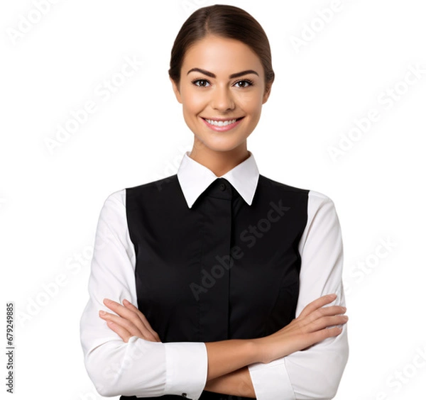 Fototapeta a portrait of arms crossed young waitress showing pride in his profession or job isolated on a transparent background, a professional female waiter with a uniform photo PNG