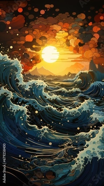 Fototapeta Vivid ocean illustration featuring large curling waves with white caps against a stunning orange sunset, creating a captivating blue and orange contrast.