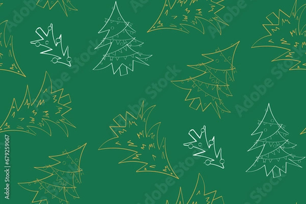 Obraz Christmas tree on the green background. Seamless pattern. Vector.