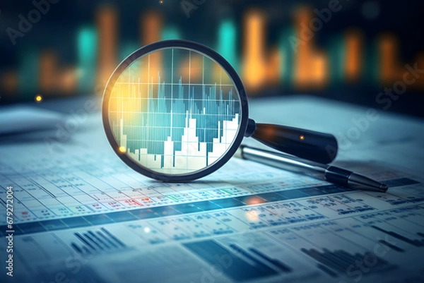 Obraz magnifying glass on data, abstract metrics and indicators charting and upward movement, background space, computing and analytics concept