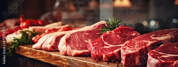Fototapeta meat cuts selection displayed in wooden ray at a butcher