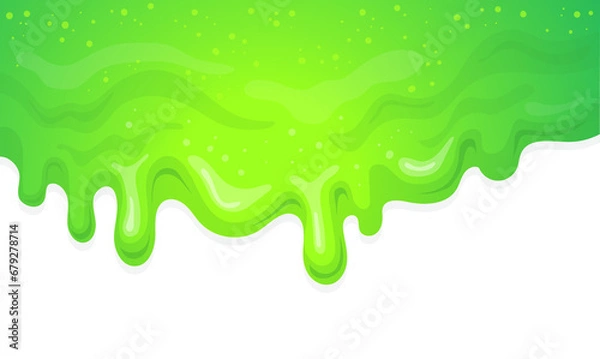 Fototapeta Liquid slime background. Cartoon green drip goo mucus glitter texture backdrop, gooey liquid drop, falling poison blob, bright sparkle wallpaper