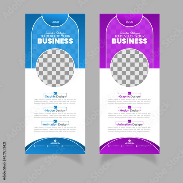 Fototapeta Modern and clean abstract geometric shapes business roll up display banner | Standard size | Blue and Purple gradients