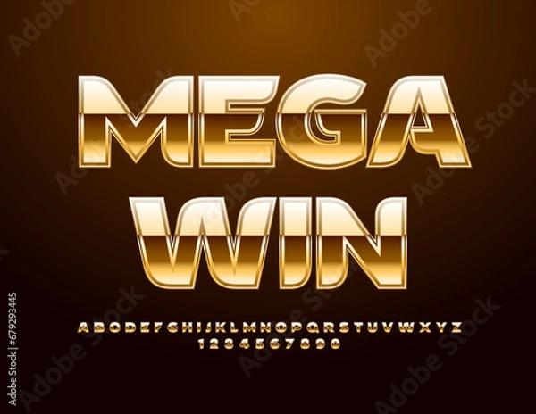 Fototapeta Vector chic Emblem Mega Win. Unique Gold Font. Premium Alphabet Letters and Numbers