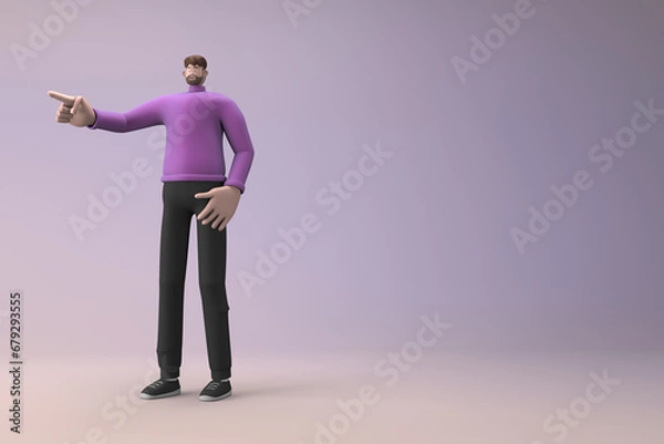 Fototapeta Man in casual clothes making gestures while talking. 3D rendering of a cartoon character