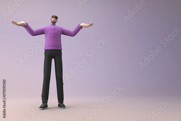 Fototapeta Man in casual clothes making gestures while talking. 3D rendering of a cartoon character
