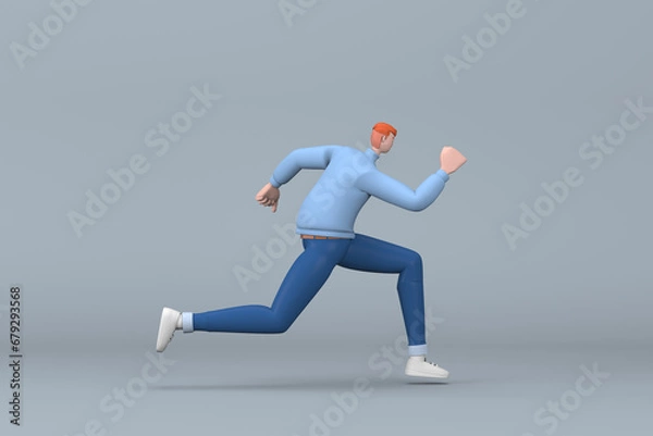 Fototapeta Man in casual clothes making gestures while pushing or running. 3D rendering of a cartoon character