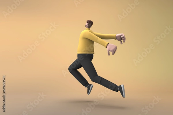 Fototapeta Man in casual clothes making gestures while pushing or running. 3D rendering of a cartoon character