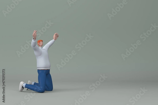 Fototapeta Man in casual clothes making gestures while sSit with your hands raised. 3D rendering of a cartoon character