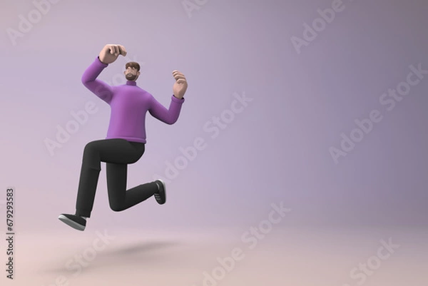 Fototapeta Man in casual clothes making gestures while pushing or running. 3D rendering of a cartoon character