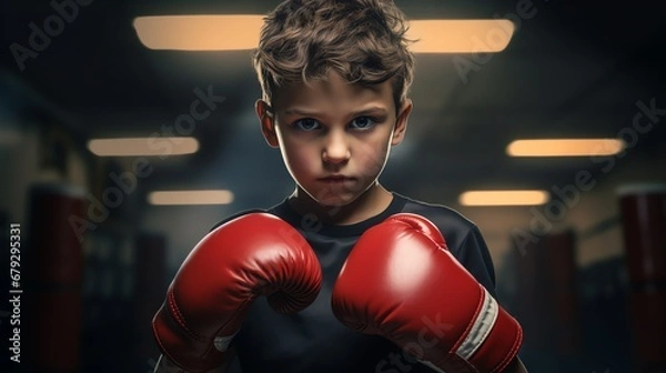 Obraz Portrait of a 10-year-old child in boxing clothes and gloves in a boxing gym