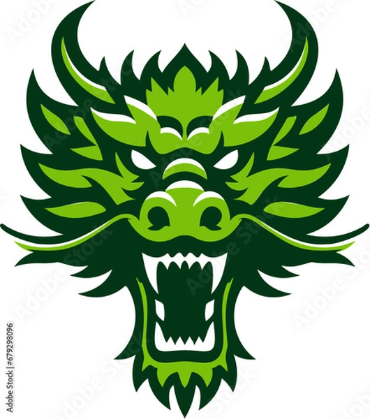 Fototapeta Green dragon head front view logo. Simple shaped dragon stamp. Dragon with opened mouth and fangs. Asian culture symbol of a new 2024 year. Fantasy magic reptile predator. Dragon head for your design.