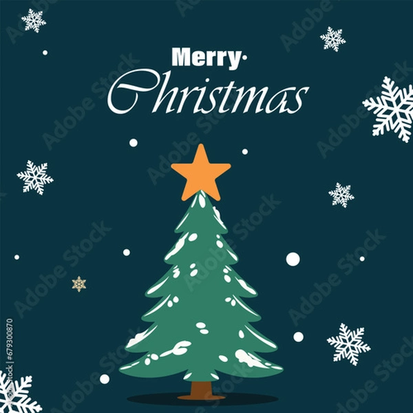 Fototapeta Merry Christmas vector illustration with Xmas tree and snow flakes 
