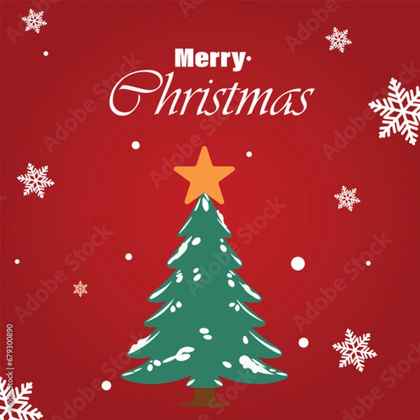 Fototapeta Merry Christmas vector illustration with Xmas tree and snow flakes 
