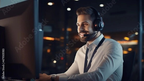 Obraz Portrait of a call center operator man in a headset in the office at a computer
