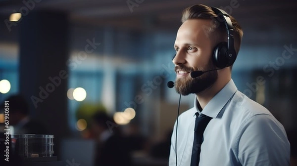 Fototapeta Portrait of a call center operator man in a headset in the office at a computer