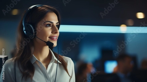 Obraz Portrait of a call center operator woman in a headset in the office at a computer