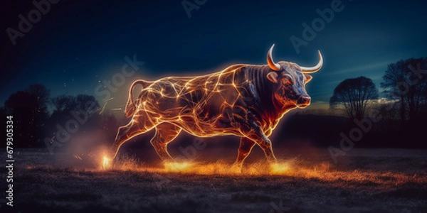 Fototapeta A charging bull and light particles in a field at night. Bull represents aggressive financial optimism and prosperity.