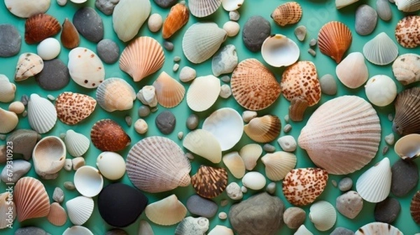 Obraz shells and stones on a mint background.