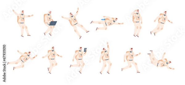 Fototapeta Floating astronaut. Spaceman people in space suit for galaxy travel, moving man and woman work navy cosmonaut, jetpack jump outer gravity