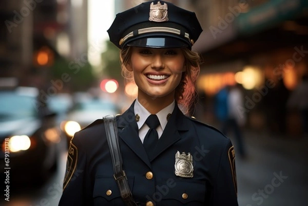 Fototapeta Portrait of a smiling police woman in an American uniform on the street USA