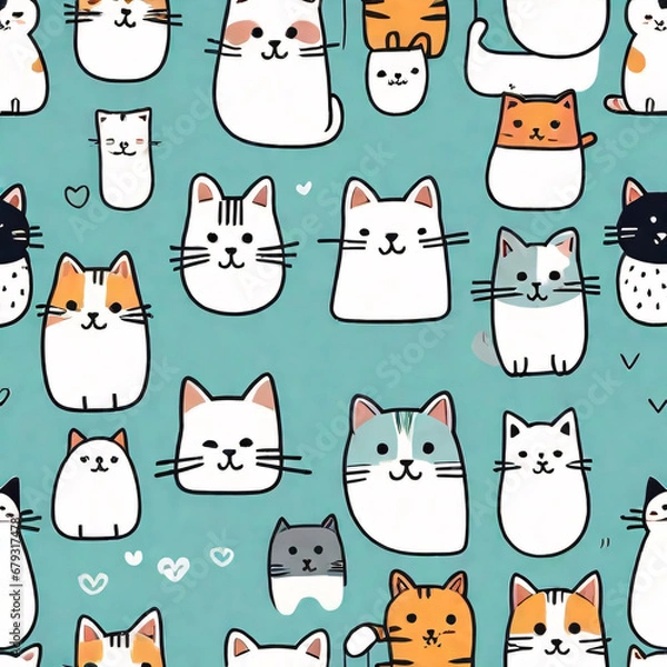 Fototapeta Seamless pattern with cats. Background for fabric, textile, wallpaper, posters, gift wrapping paper, napkins, tablecloths, pajamas. Print for kids, baby, children blue color