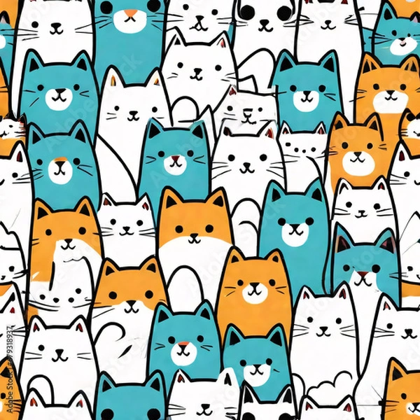 Obraz Seamless pattern with cats. Background for fabric, textile, wallpaper, posters, gift wrapping paper, napkins, tablecloths, pajamas. Print for kids, baby, children blue color