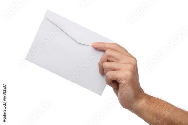 Fototapeta Male hand holding blank envelope isolated on white